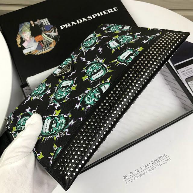 prada手包 普拉達新款皮革手拿包 2NH005 PRADA十字紋牛皮黑色手拿包  pyd2242